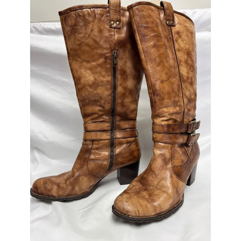 Womens Born Brown Leather Knee High Boots Riding Distressed Size 10